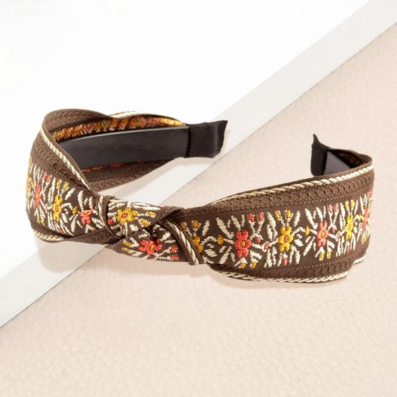 Accessories - 54.‎ Brown Floral Embroidered Boho Knot Headband